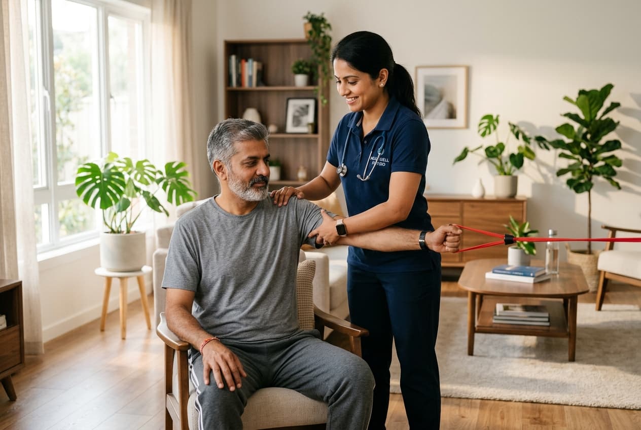 Professional home physical therapist administering personalized shoulder mobility treatment