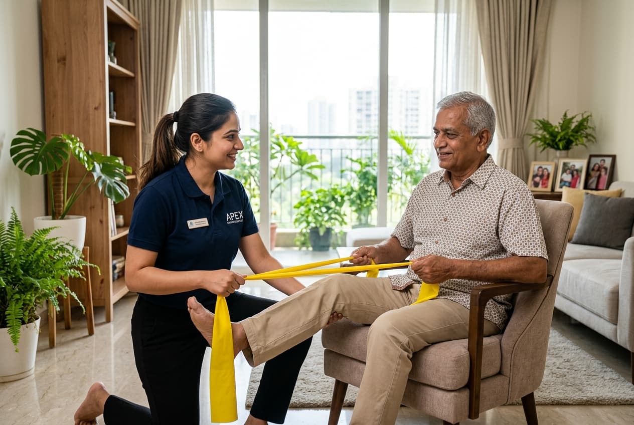 Dr. Vennela Divya helping an elderly patient with physical therapy band exercises at home